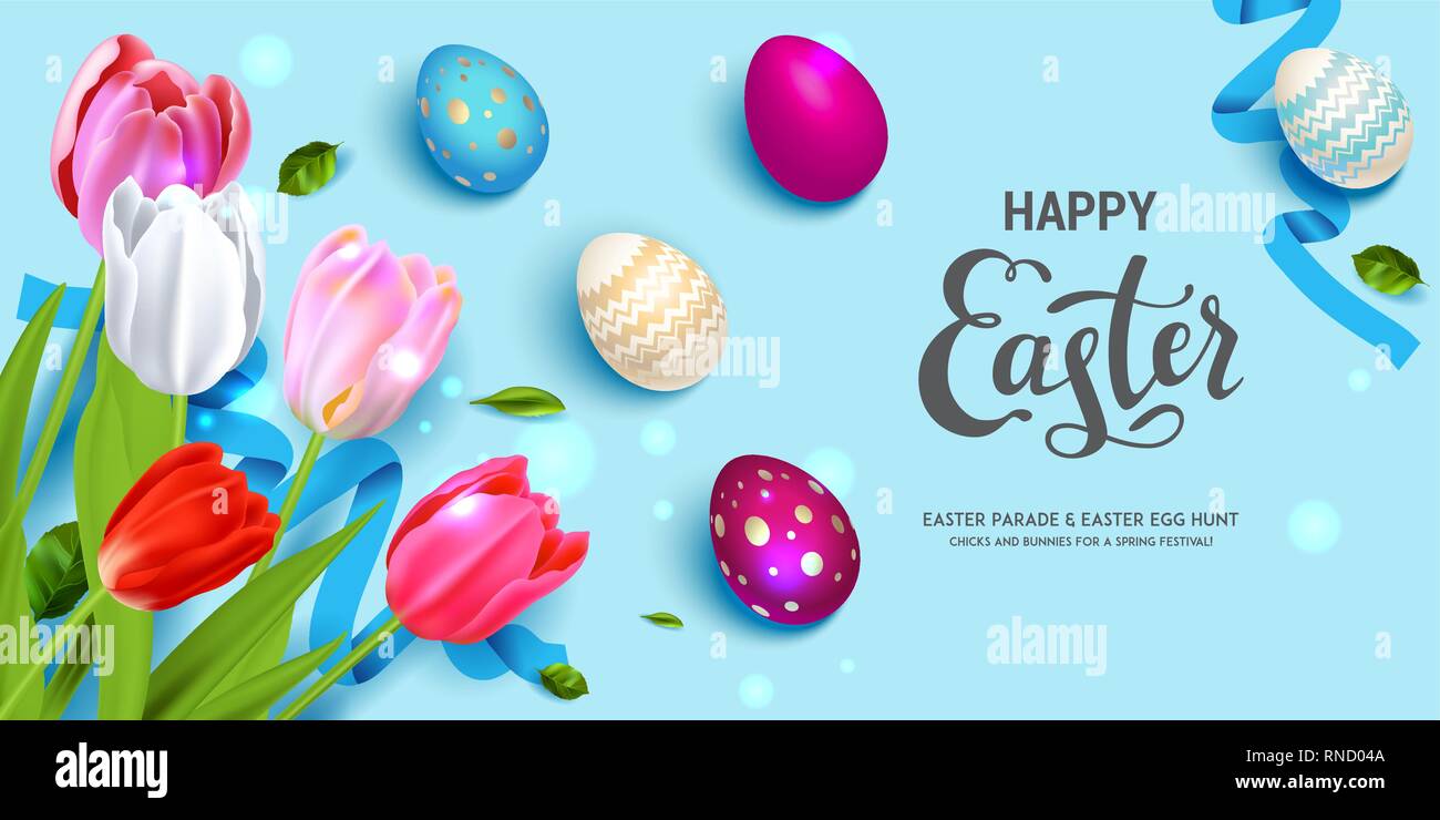 Happy Easter blue holiday banner. Beautiful background with realistic ...