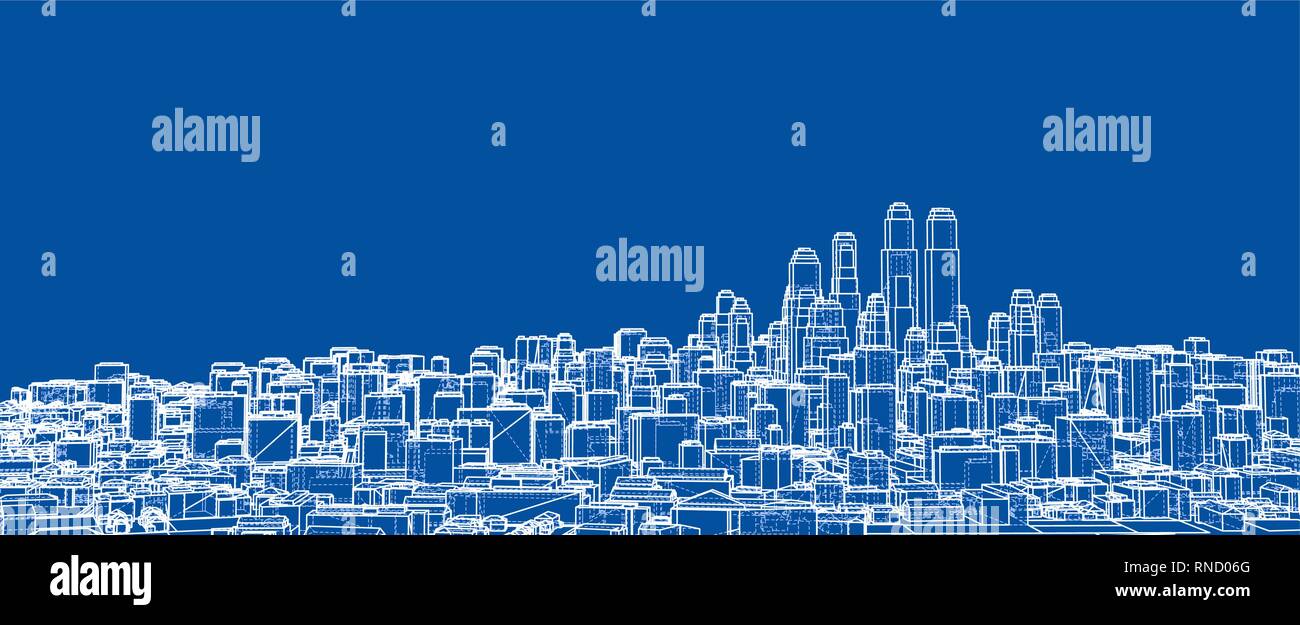 Wire-frame City, Blueprint Style Stock Vector