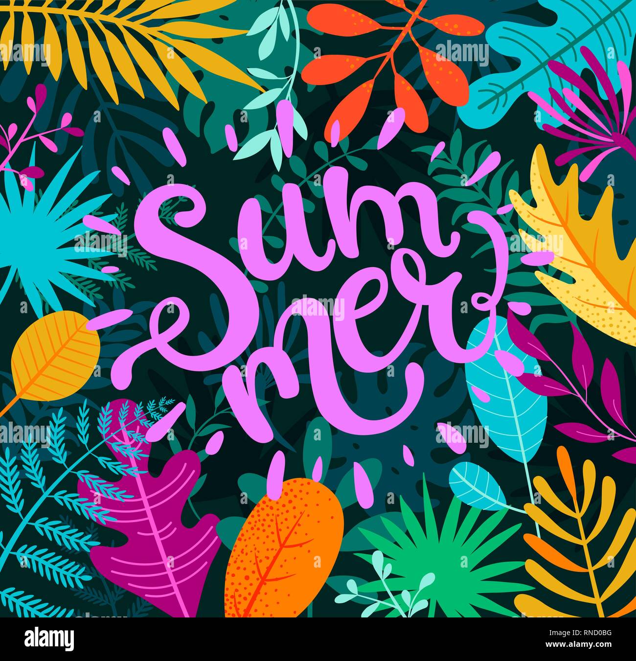 Greeting summer 2019 lettering on tropical leaves. Stock Vector