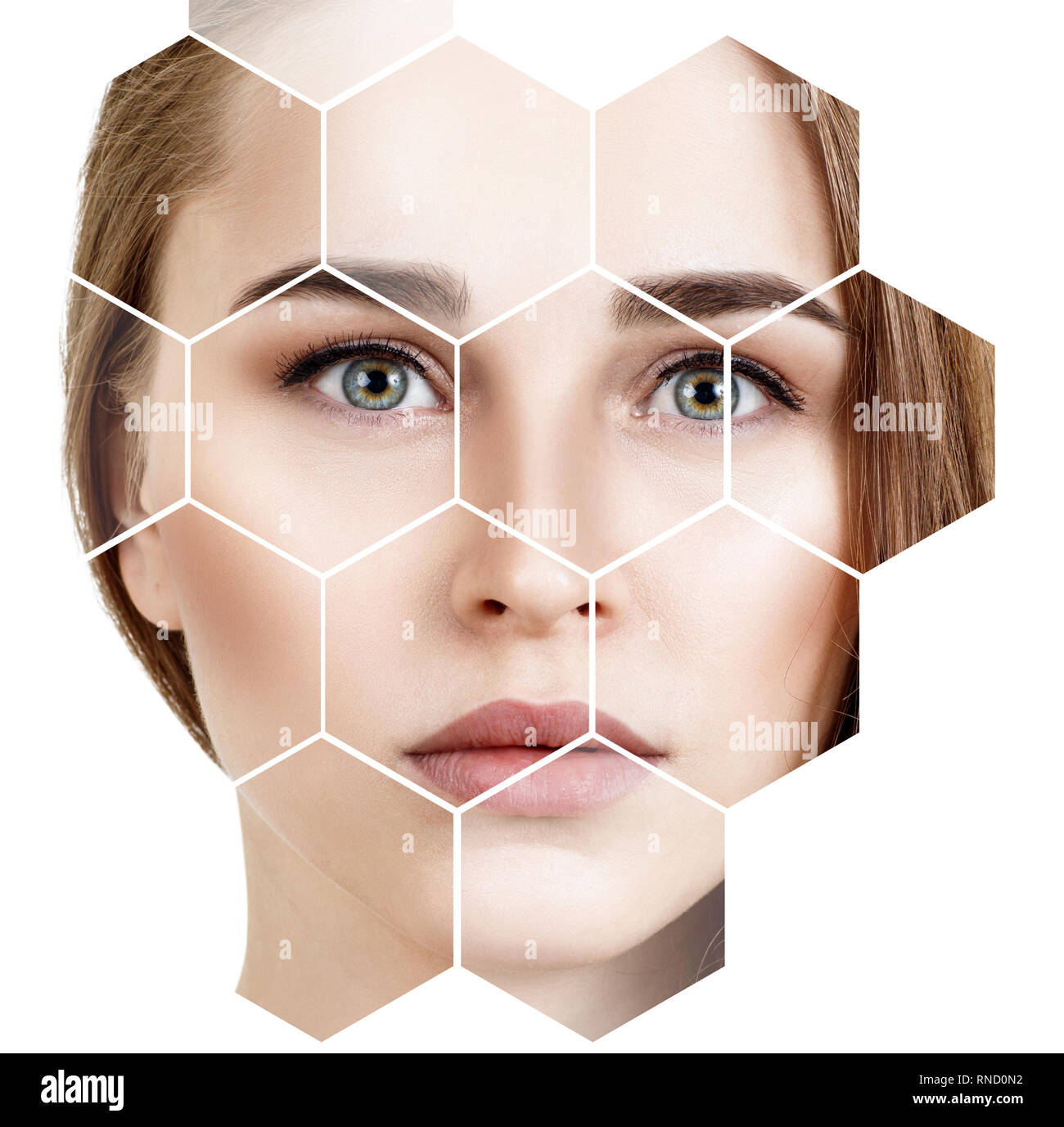 Beautiful female face in honeycombs. Stock Photo