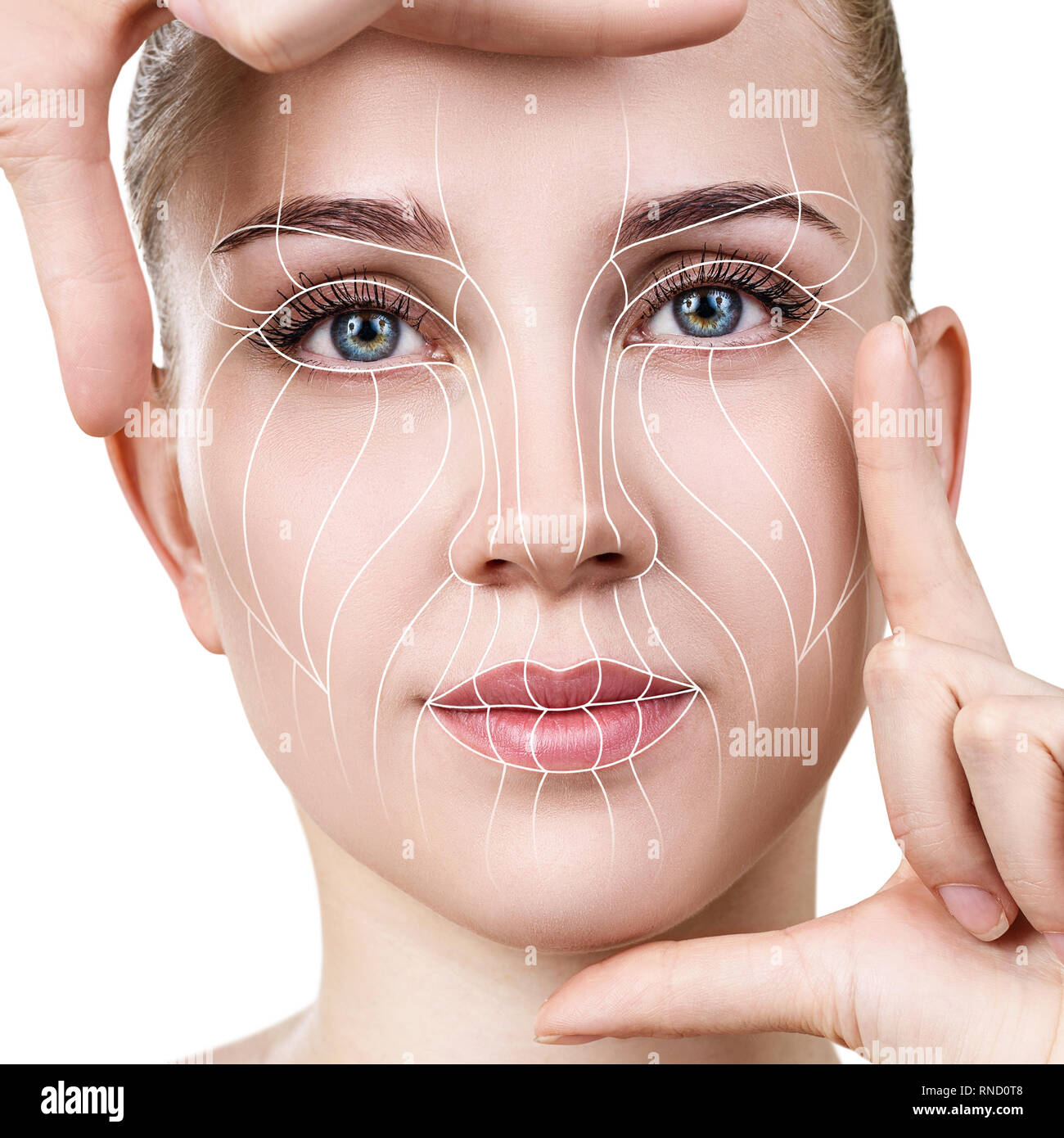 Graphic lines shows facial lifting effect on skin. Stock Photo