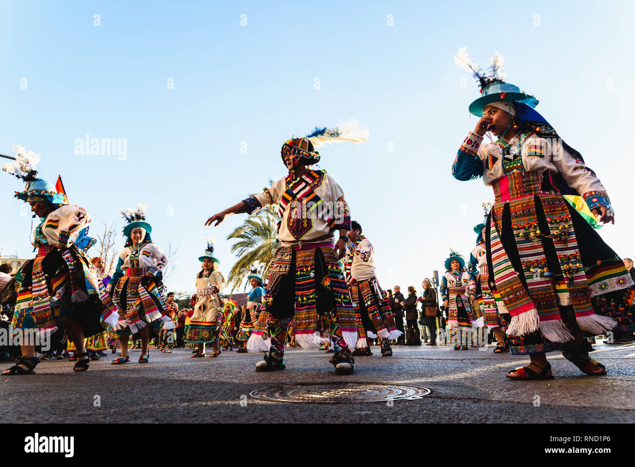 Valencia, Spain - February 16, 2019: Folkloric dance group from Bolivia