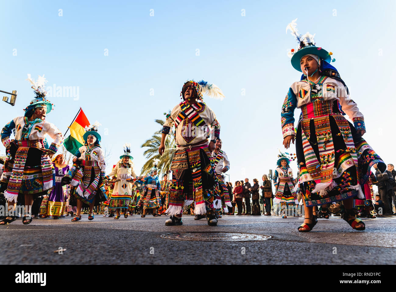 Valencia, Spain - February 16, 2019: Folkloric dance group from Bolivia