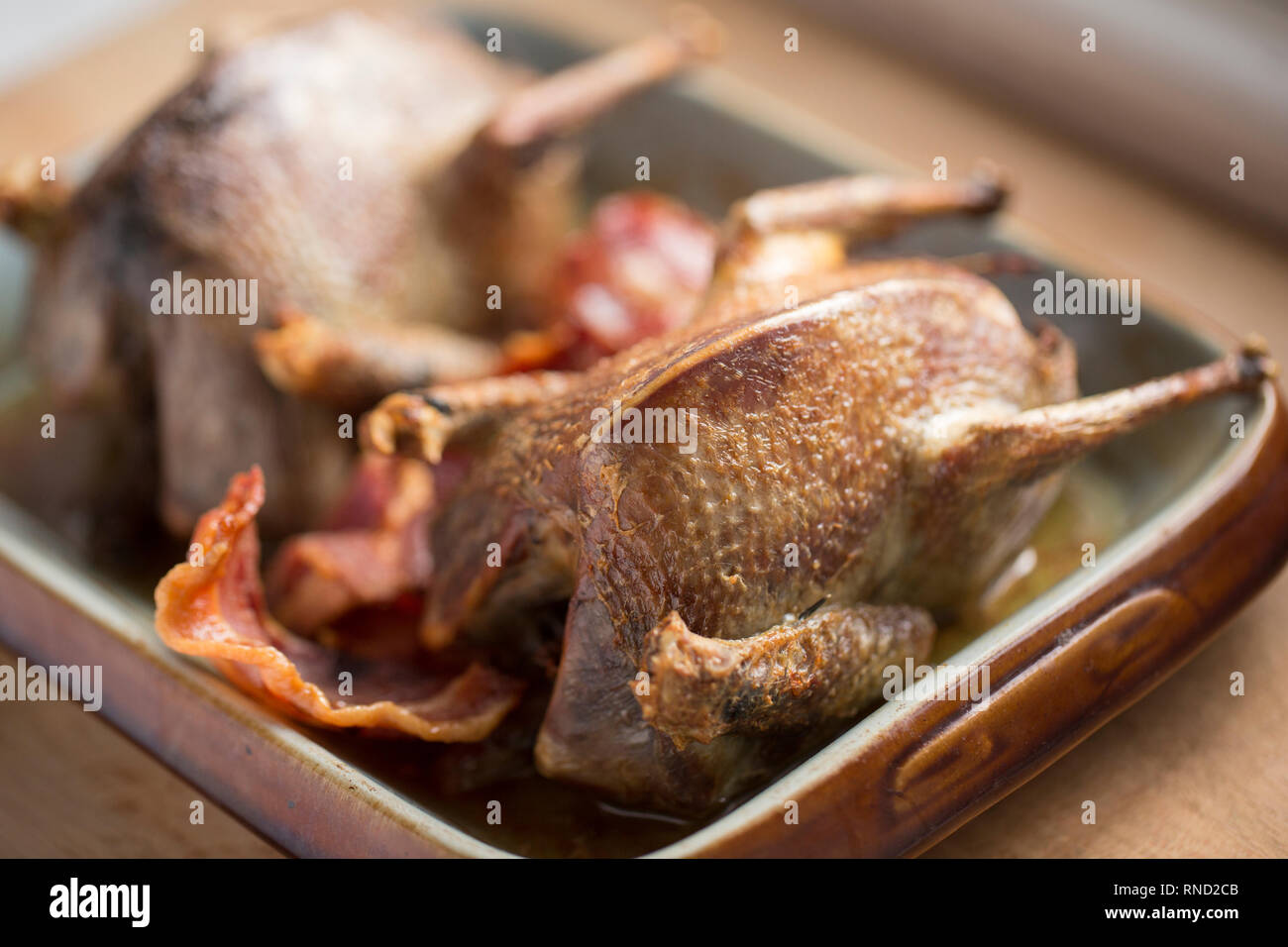 Two woodpigeons that have been roasted with streaky bacon and served in an ovenproof dish with cooking juices. Photographed on a wooden chopping board Stock Photo