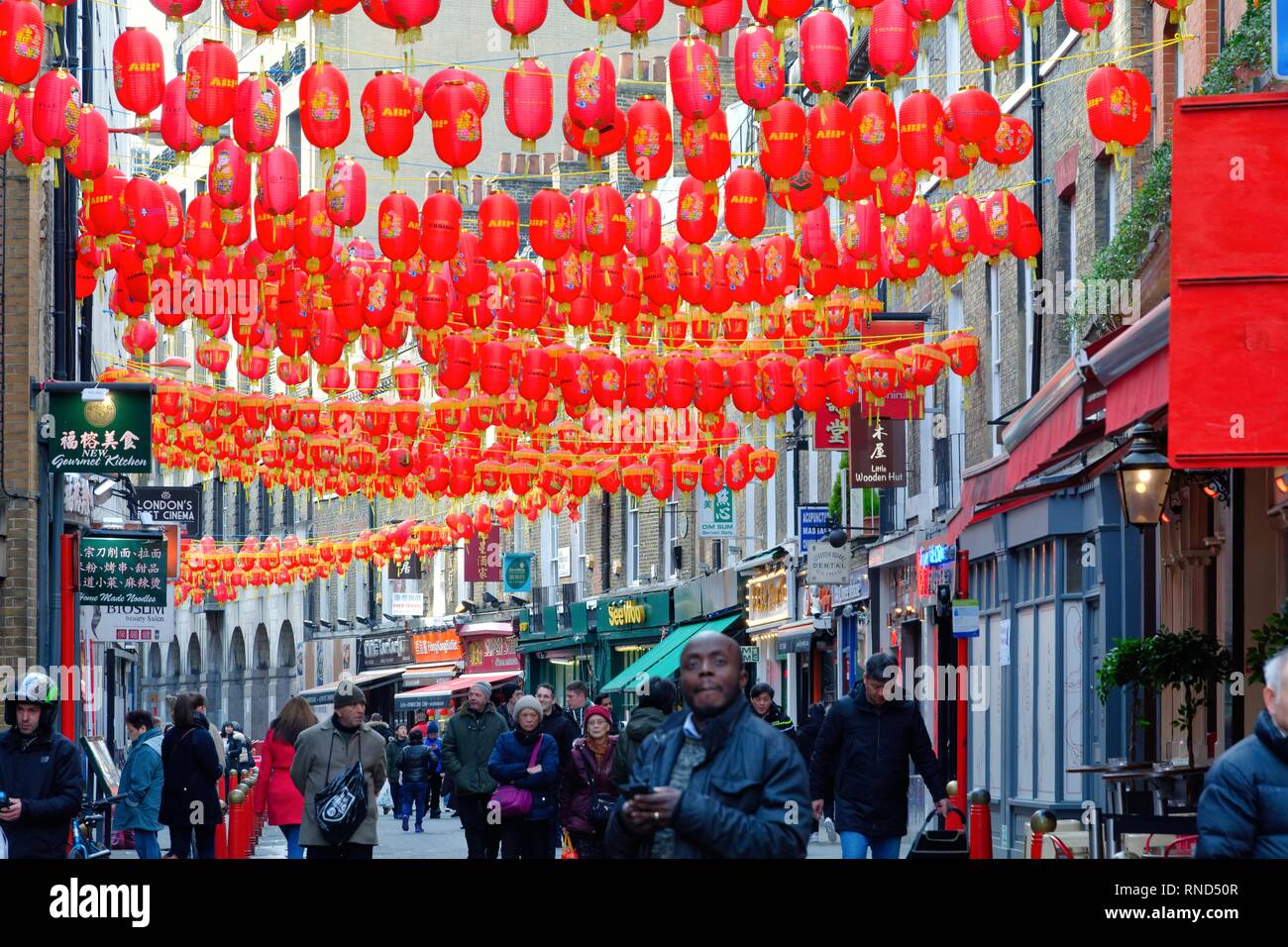 The Chinatown area in central London with the streets decorated with many  red Chinese lanterns England UK Stock Photo - Alamy