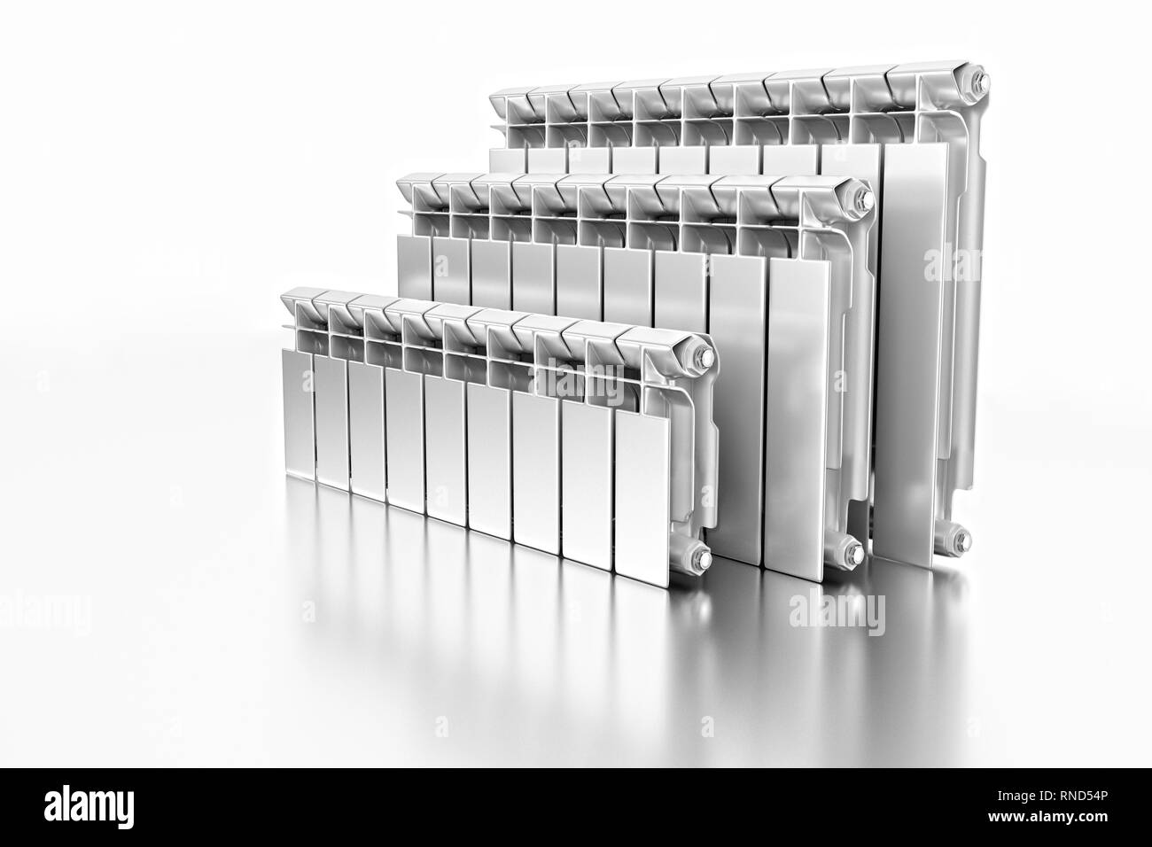 3D rendering. Central heating radiators with many sections. Stock Photo