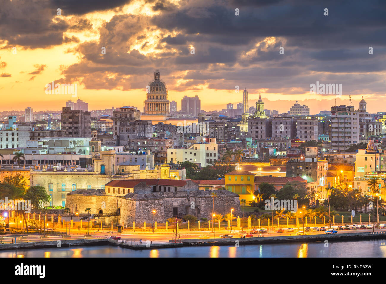 Havana, Cuba downtown skyline at dusk. Stock Photo
