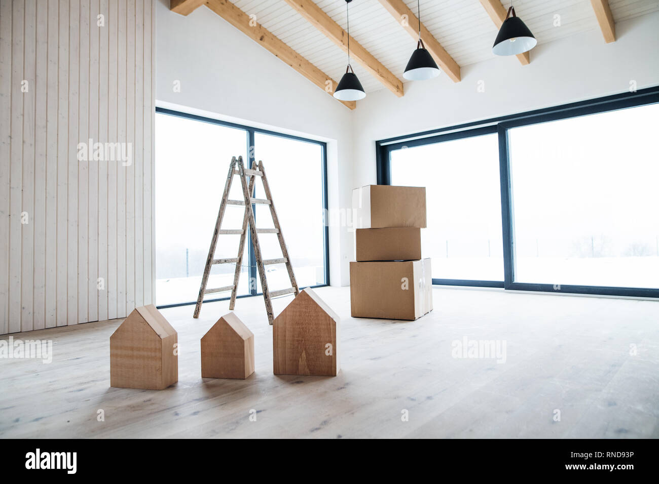 An interior of a new house or flat, furnishing a new home concept. Stock Photo