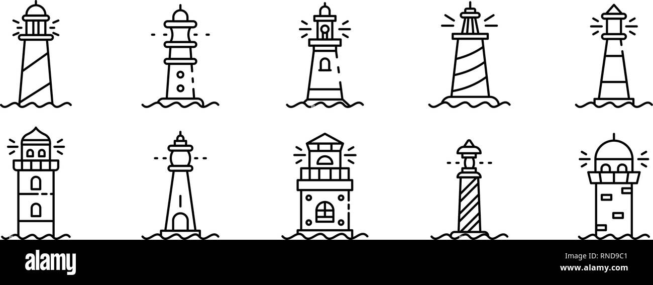 Lighthouse icons set, outline style Stock Vector