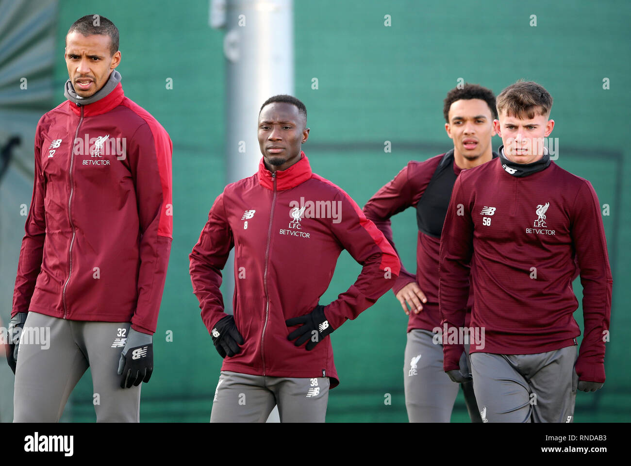 Liverpool's Joel Matip (left) Naby Keita (second left) Trent Alexander-Arnold and Ben Woodburn during the training session at Melwood training ground, Liverpool. Stock Photo
