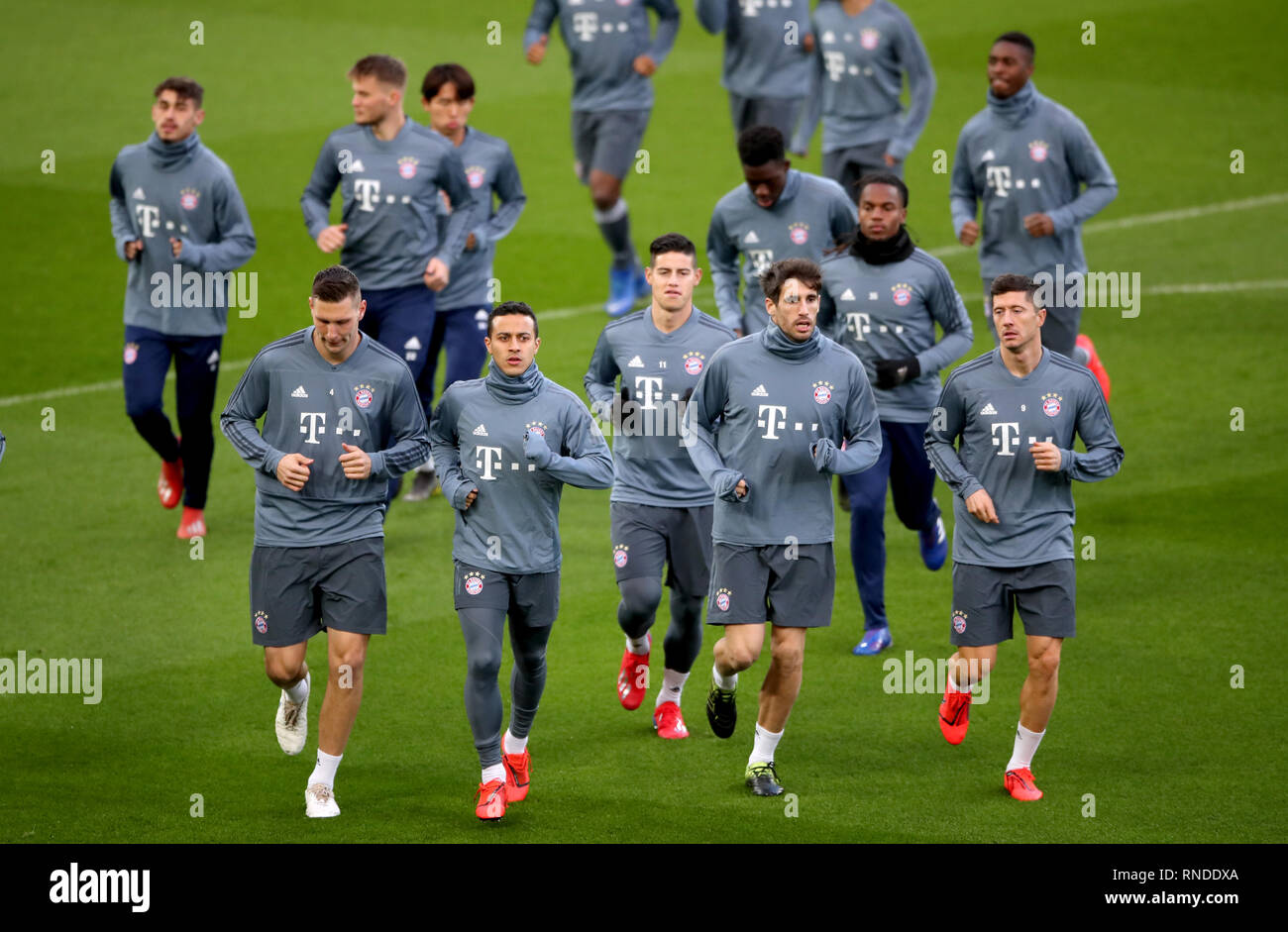 Bayern Munich's Niklas Sule (left), Thiago Alacantra, James Rodriguez (centre), Javi Martinez and Robert Lewandowski during the training session at Anfield, Liverpool. Stock Photo