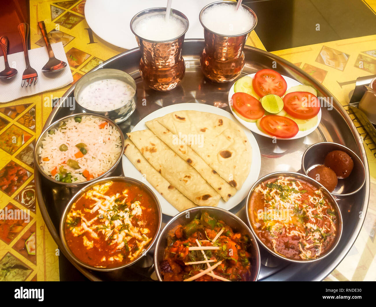 Indian Food Circle of Indian Dishes and Drinks Stock Photo
