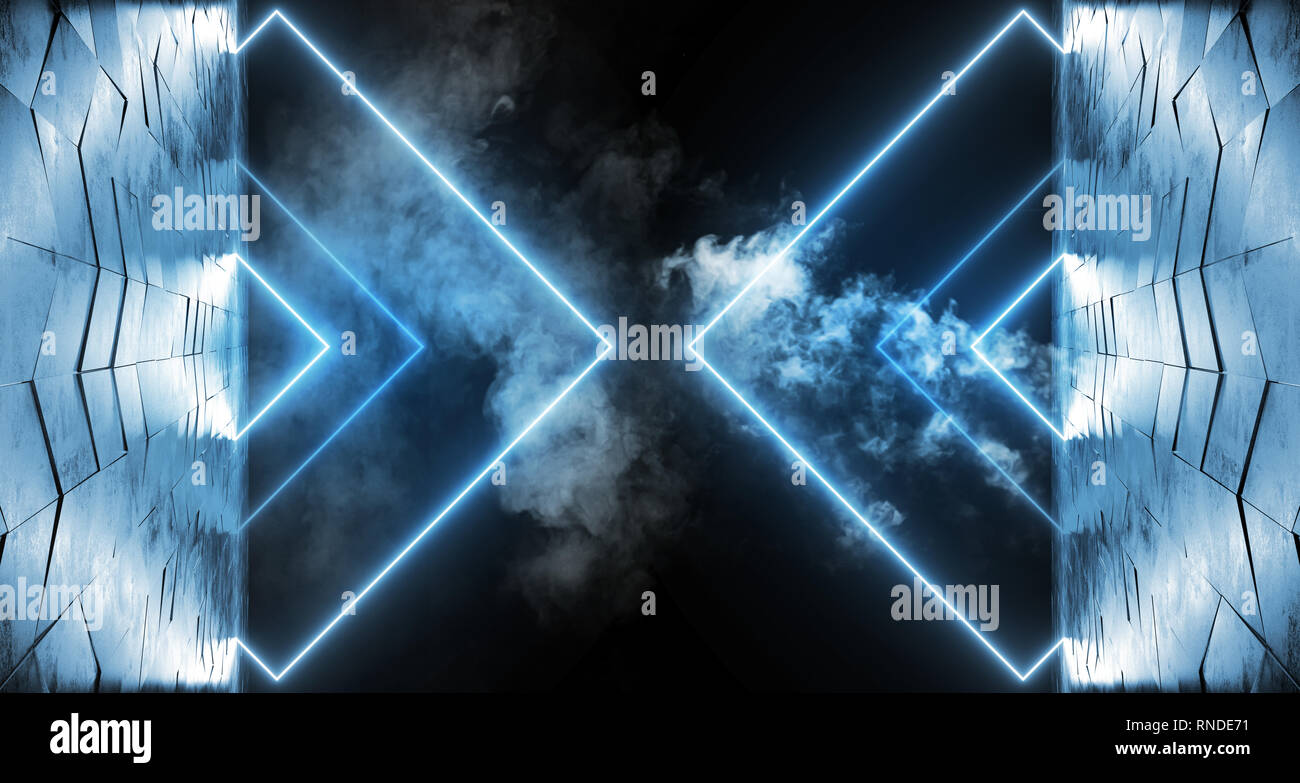Smoke Fog Futuristic Sci Fi Blue Neon Tube Lights Glowing In