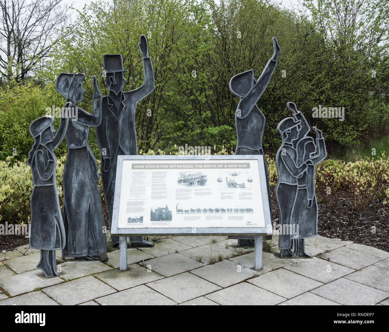 History of railway information and sculptures. Stockton on Tees. UK. The world's first public railway to use steam locomotives Stock Photo