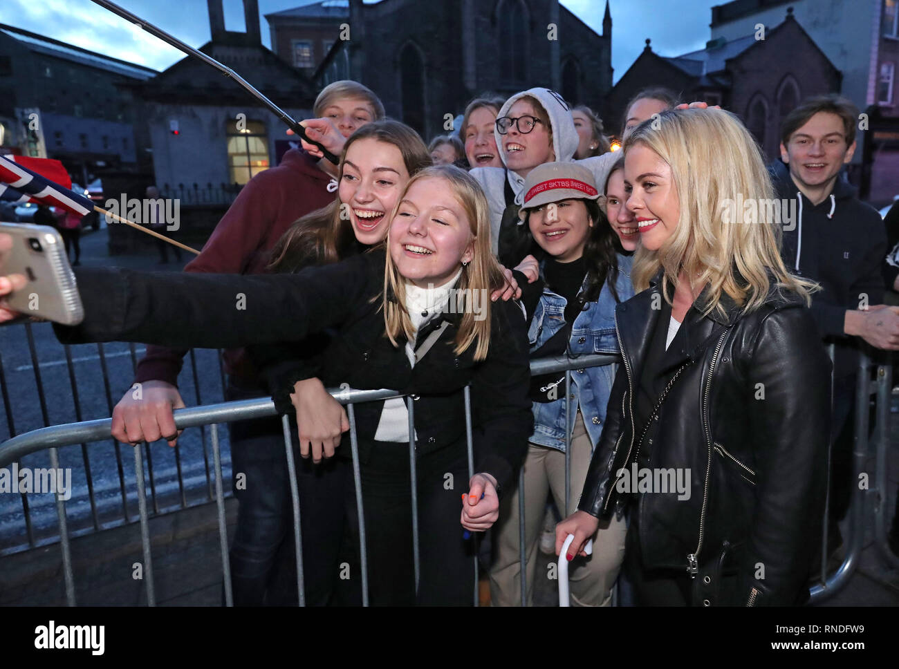 Saoirse-Monica Jackson meets fans as she arrives at the Omniplex Cinema in Londonderry for the Derry Girls premiere ahead of the broadcast of the second series on Channel 4. Stock Photo