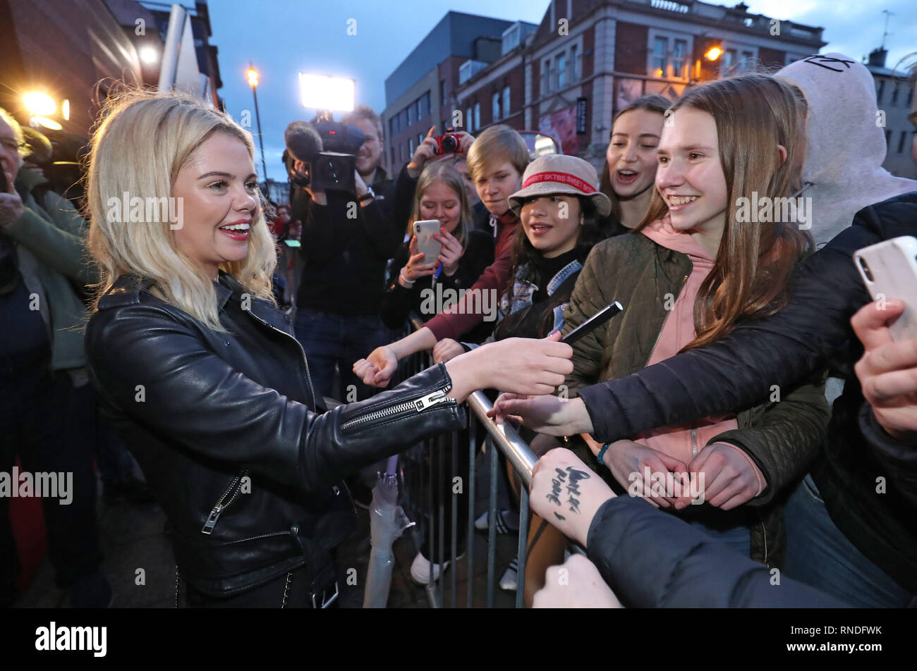 Saoirse-Monica Jackson meets fans as she arrives at the Omniplex Cinema in Londonderry for the Derry Girls premiere ahead of the broadcast of the second series on Channel 4. Stock Photo