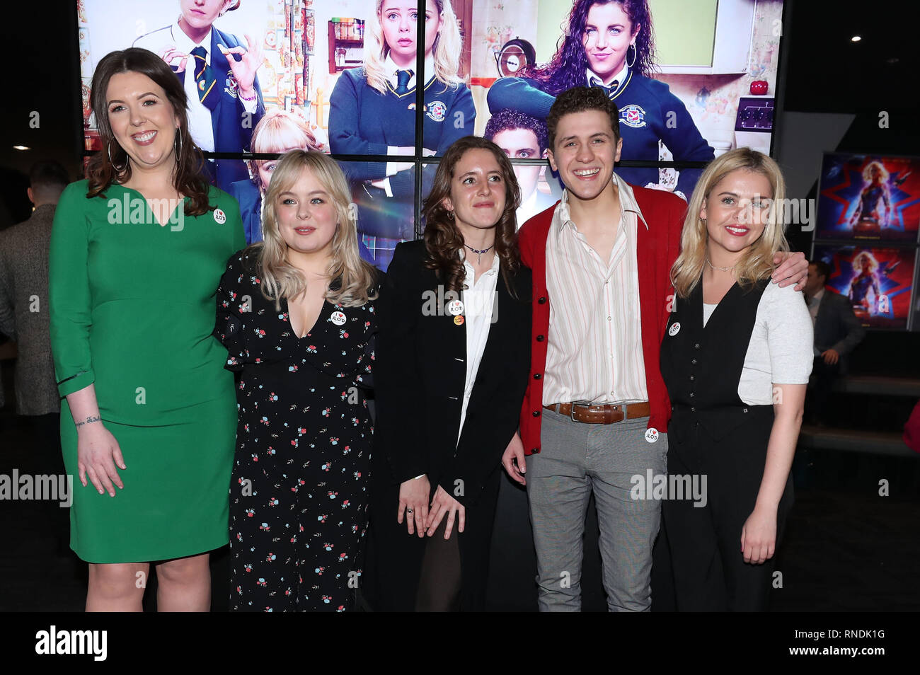 (left to right) Writer Lisa McGee with cast members Nicola Coughlan , Louisa Harland, Dylan Llewellyn and Saoirse-Monica Jackson at the Omniplex Cinema in Londonderry for the Derry Girls premiere ahead of the broadcast of the second series on Channel 4. Stock Photo