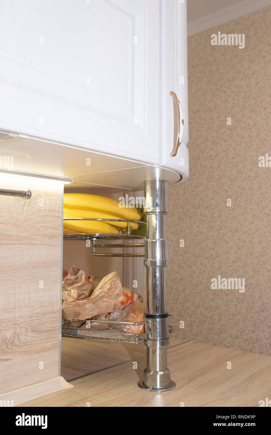White modern kitchen from solid oak. Modern kitchen. White kitchen. Russia, St. Petersburg, Murino February 10 2019 Stock Photo