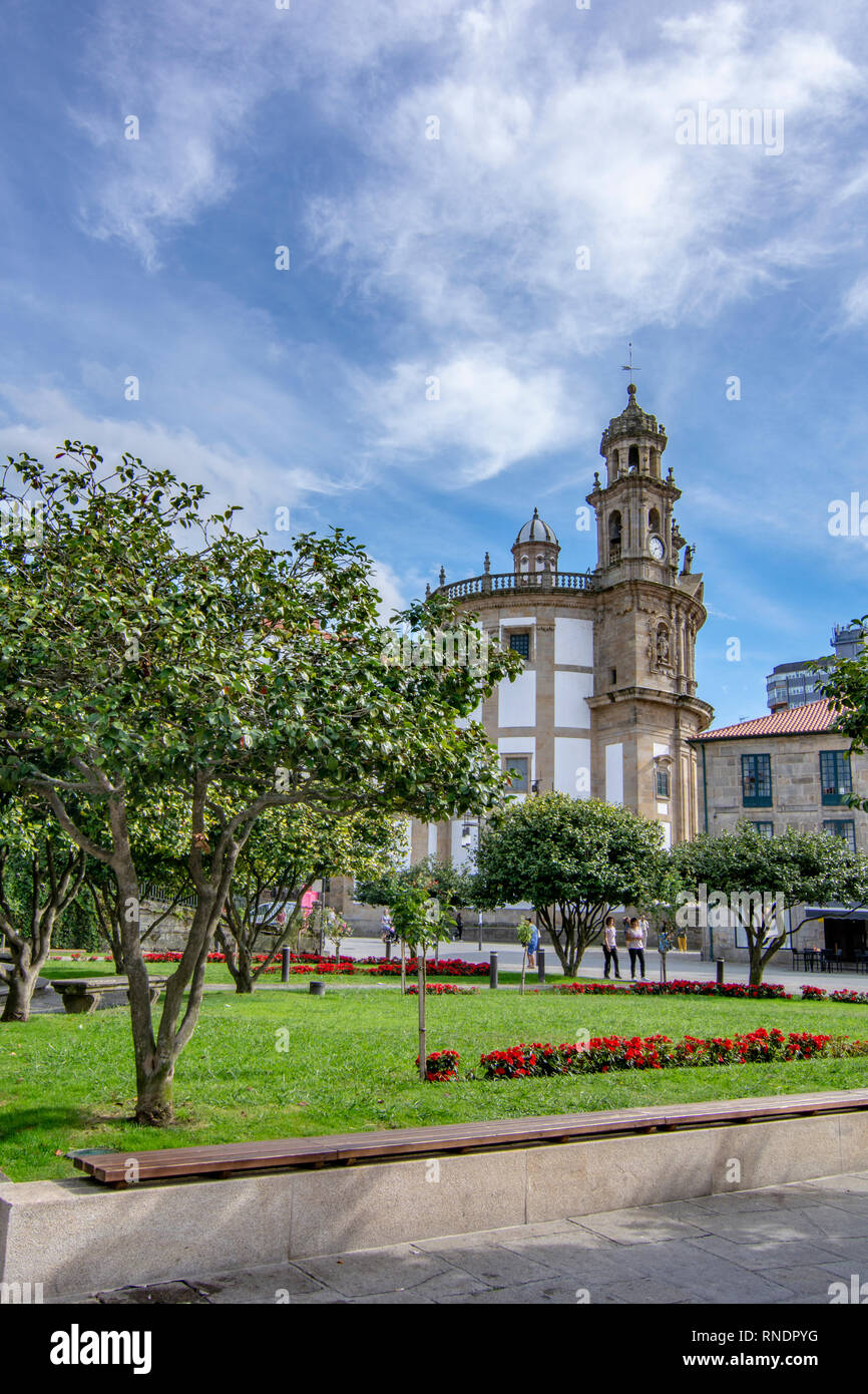Pontevedra, Galicia, Spain; September 2018: view of the church of the Peregrina, from Herreria square in Pontevedra city Stock Photo