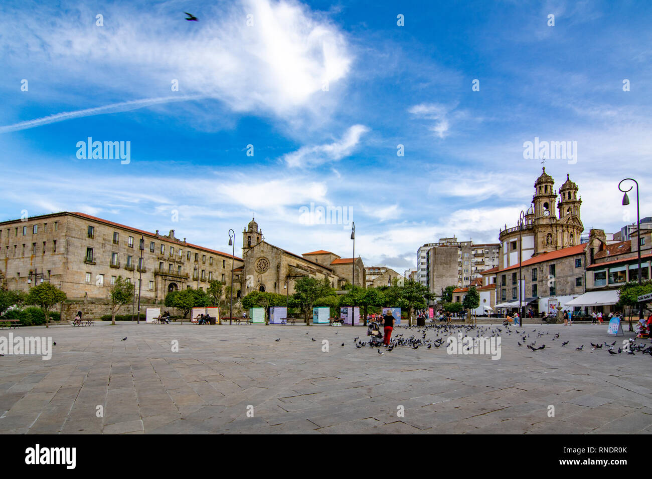 Pontevedra, Galicia, Spain; September 2018: view of herreria square, of convent San Francisco and of the tower of church Peregrina in the historic cen Stock Photo