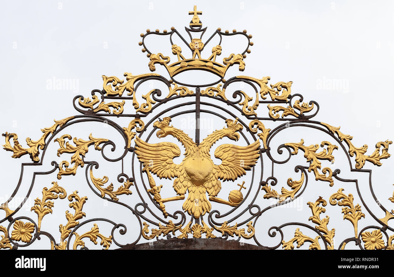 Golden Double Eagle mounted in black forged fence, Russian Federation coat of arms. St. Petersburg, Russia Stock Photo