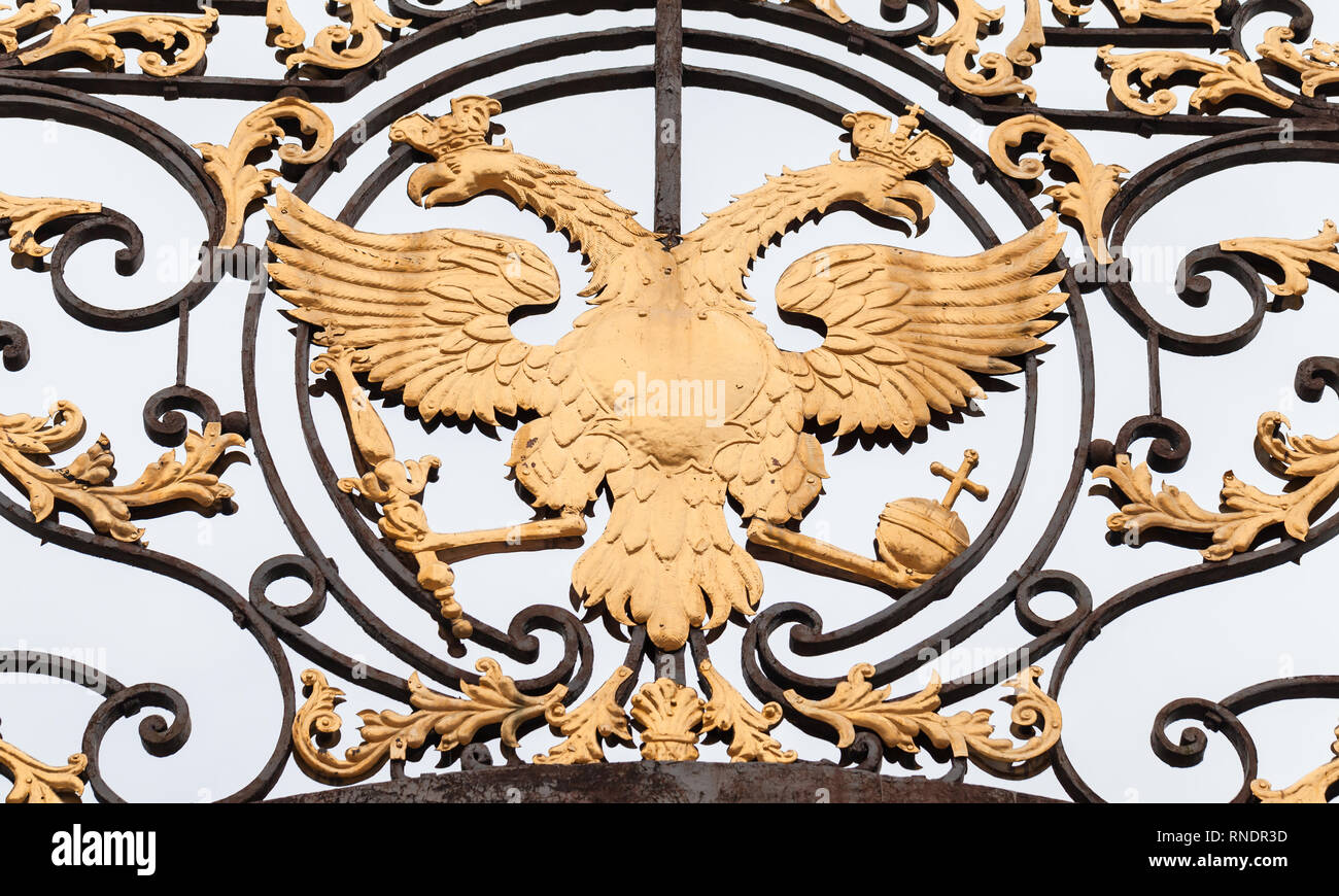 Golden Double Eagle mounted in forged fence, Russian Federation coat of arms. Saint Petersburg, Russia Stock Photo