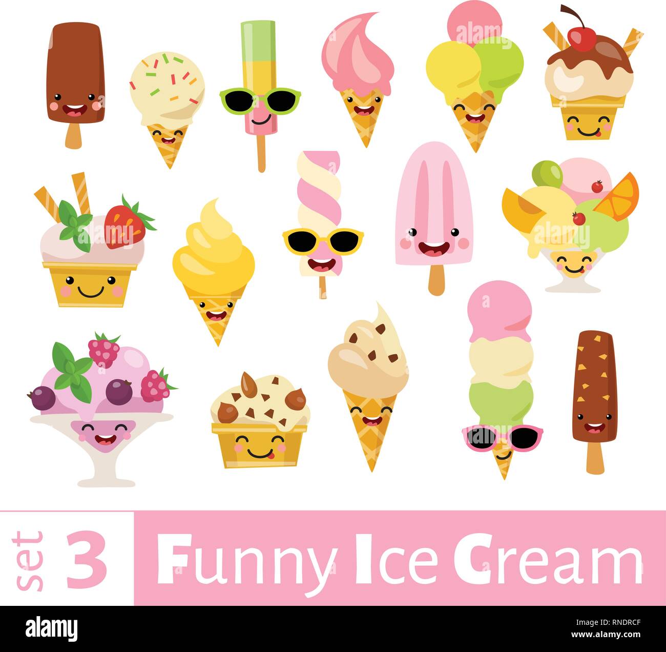 Vector set of funny food emoji icons of ice cream Stock Vector