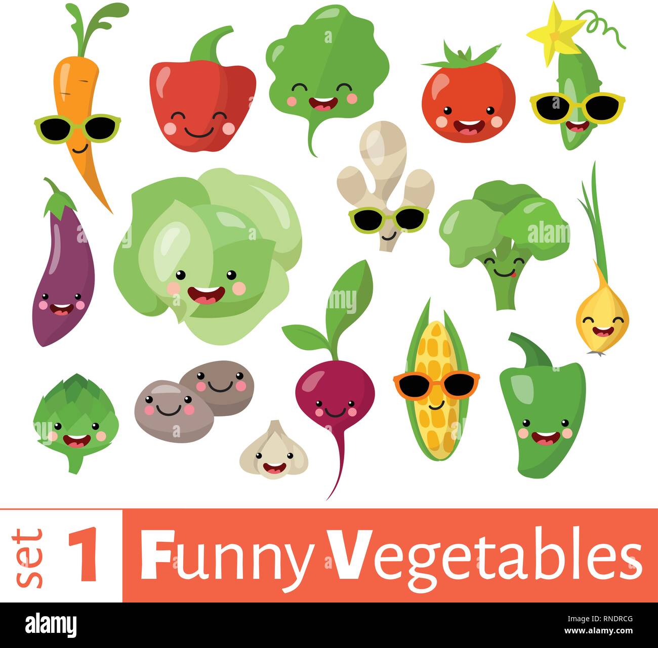 Vector set of cute funny emoji vegetables food icons.  Stock Vector
