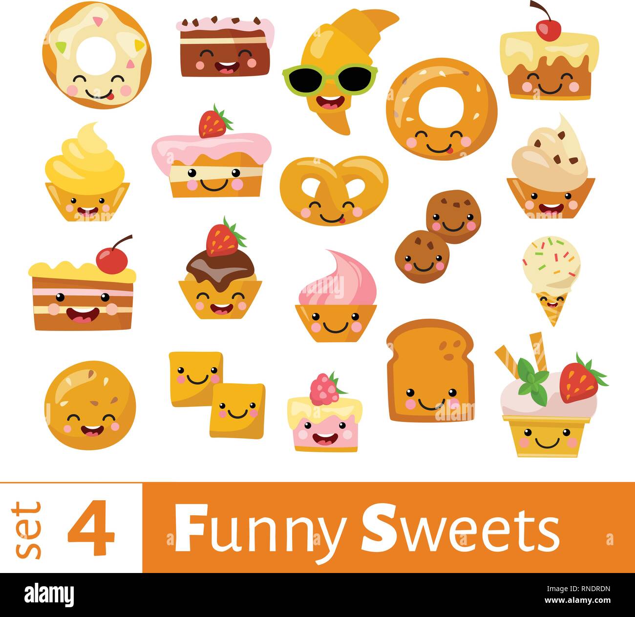 Vector set of cute funny emoji sweet food icons.  Stock Vector