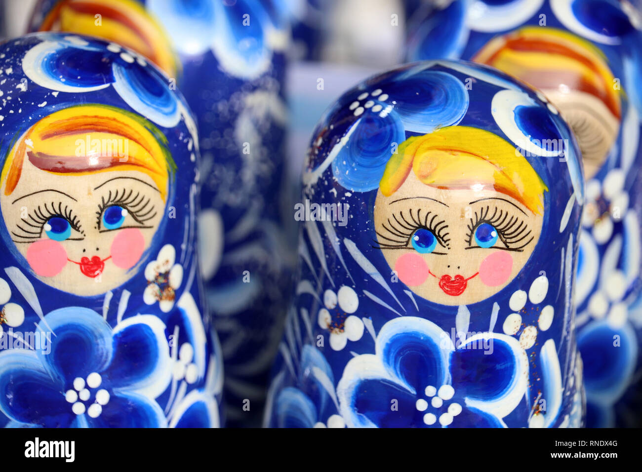 Russian nesting dolls in the souvenir shop. Traditional wooden