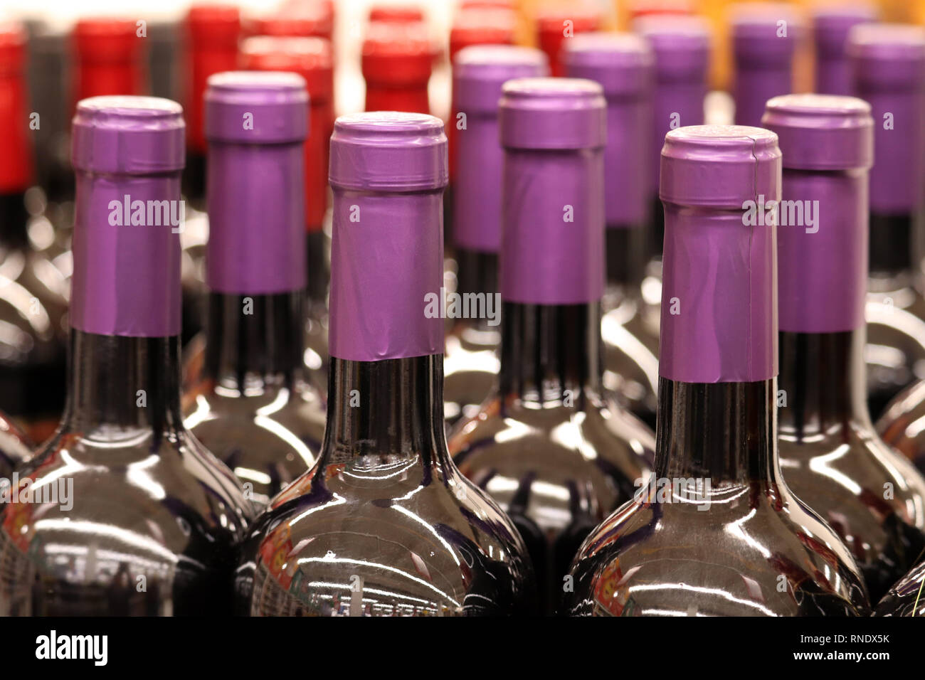 Wine bottles in a row, selective focus. Liquor store, red wine production concept Stock Photo