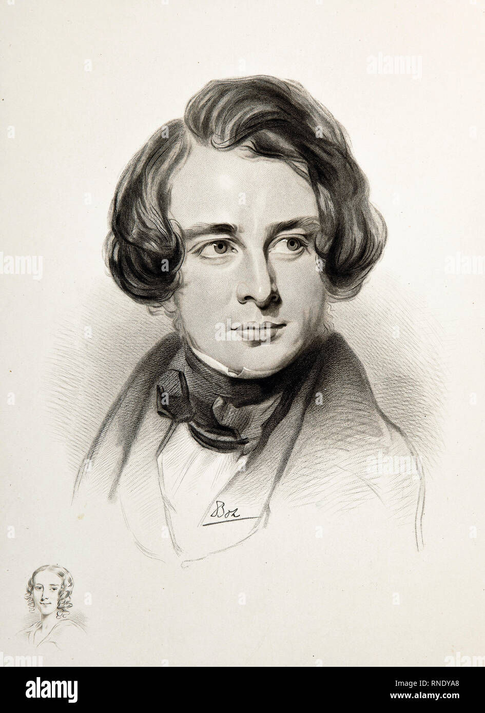 Charles Dickens (1812-1870), portrait drawing at age thirty in 1842 Stock Photo