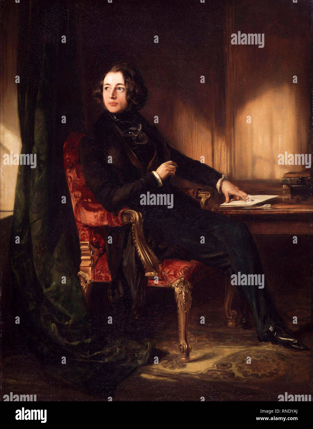 Charles Dickens as a young man, portrait painting in oil on canvas by Daniel Maclise, 1839 Stock Photo
