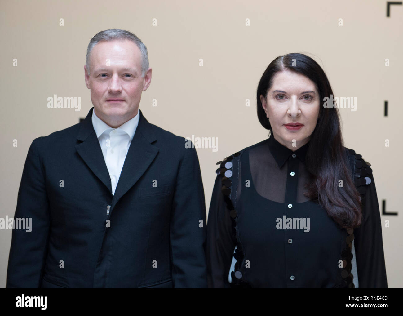 Serpentine Gallery, London, UK. 18 February, 2019. Art and technology combine for a world first with Marina Abramović (photo - right with Tod Eckert, founder of Tin Drum - The Life producers), the pioneering performance artist, and the presentation of her latest performance: The Life in Mixed Reality (a wearable augmented experience). For 1 week, the Serpentine Galleries host The Life with visitors simultaneously experiencinge an intimate, digital encounter with the artist in this first, large-scale performance exhibited using Mixed Reality anywhere in the world. Credit: Malcolm Park/Alamy Stock Photo