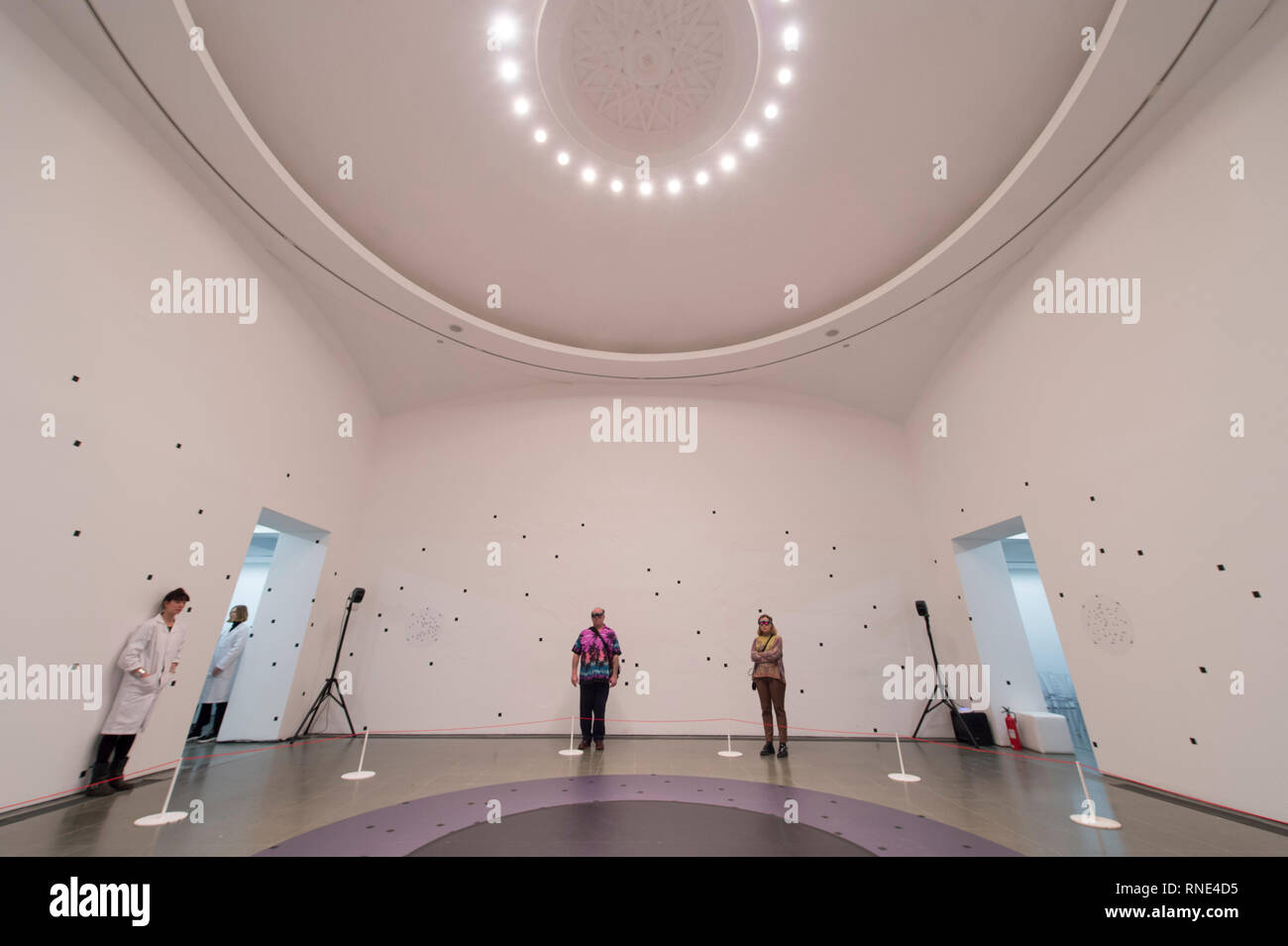 Serpentine Gallery, London, UK. 18 February, 2019. Art and technology combine for a world first with Marina Abramović, the pioneering performance artist, and the presentation of her latest performance: The Life in Mixed Reality (a wearable augmented experience). For 1 week, the Serpentine Galleries host The Life on the site of her acclaimed 2014 durational performance, 512 Hours. Visitors simultaneously experience an intimate, digital encounter with the artist in this first, large-scale performance exhibited using Mixed Reality anywhere in the world. Credit: Malcolm Park/Alamy Live News. Stock Photo