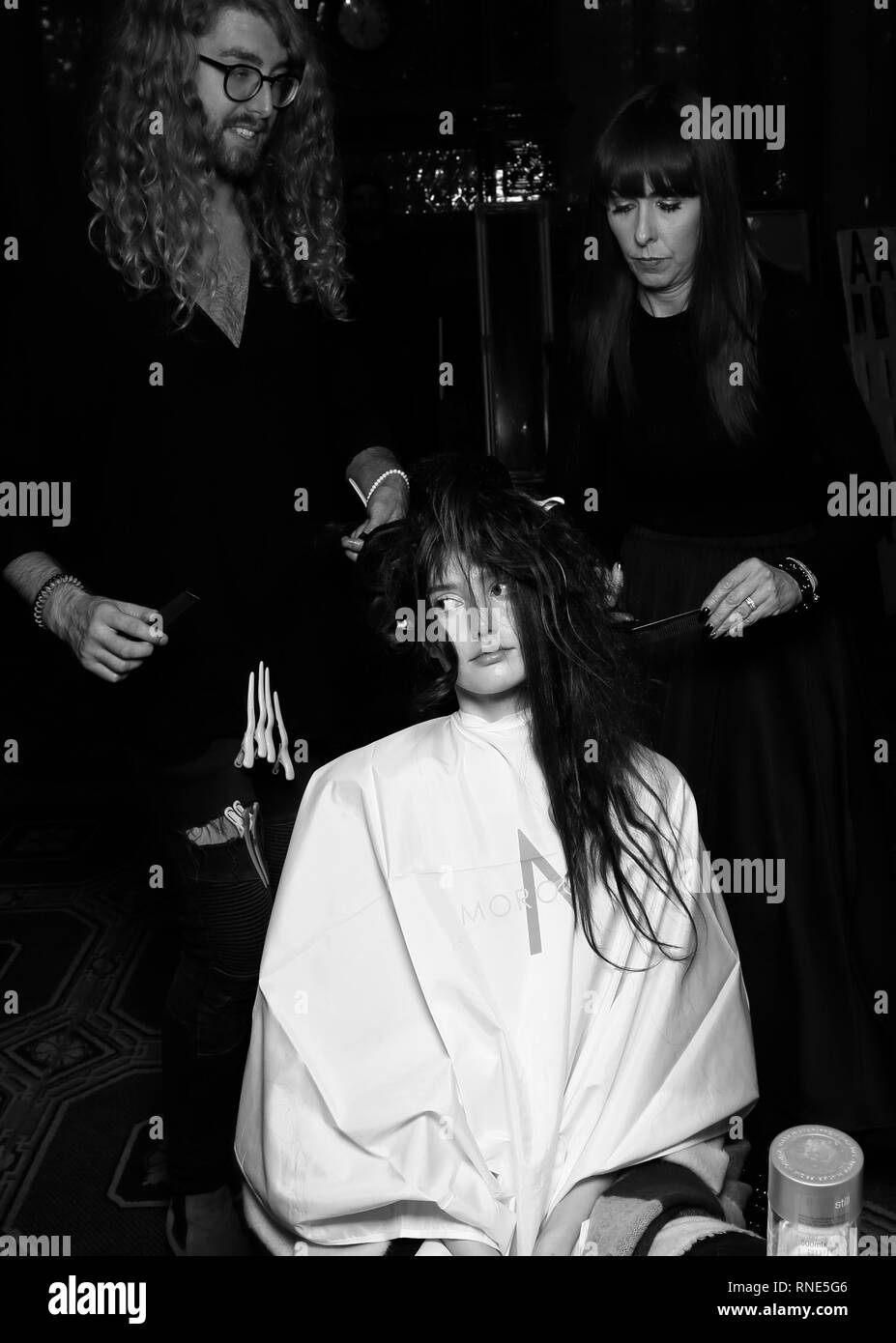 London, UK. 17th Feb, 2019. A model in hair and make up backstage ahead of the Kristian Aadnevik show during London Fashion Week Autumn/Winter 2019 on February 17, 2019 in London, United Kingdom. Photo by Paul Cunningham Credit: Paul Cunningham/Alamy Live News Credit: Paul Cunningham/Alamy Live News Stock Photo