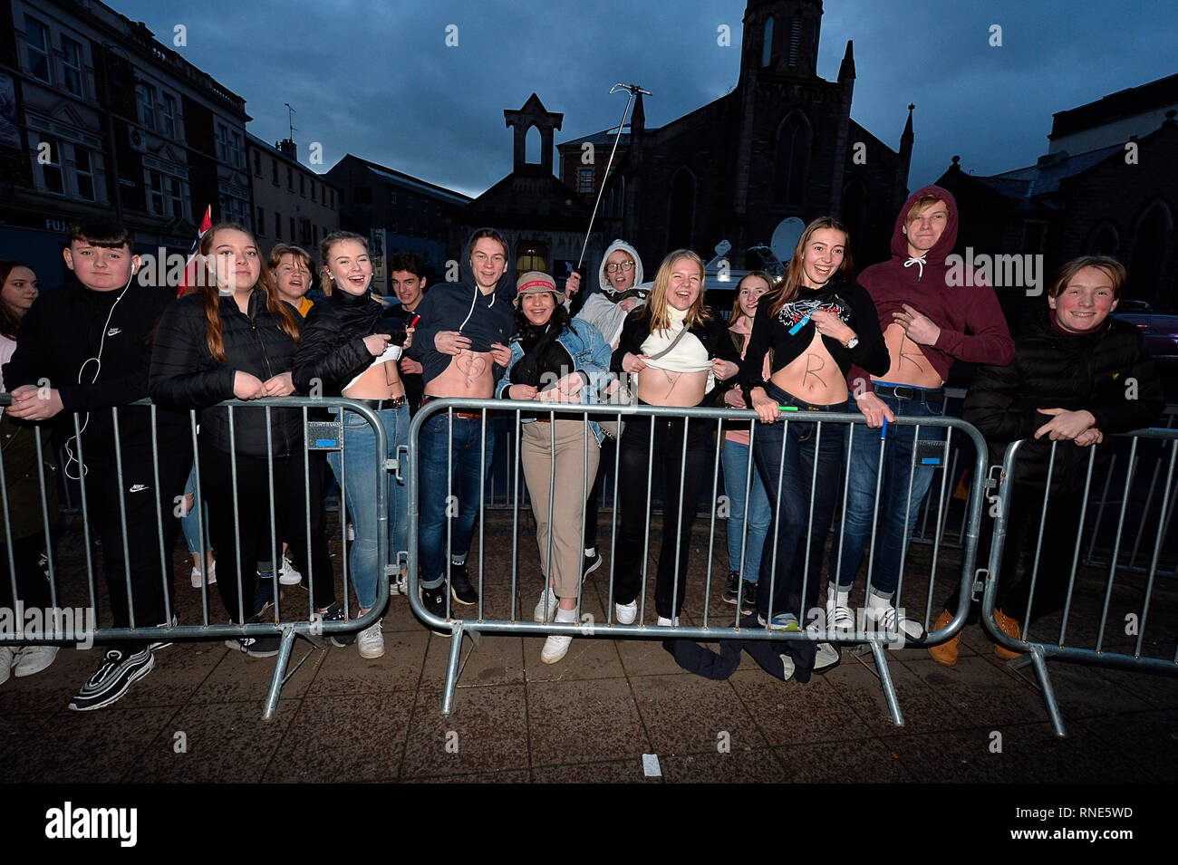 Londonderry, UK. 18th Feb, 2019. Derry Girls Series 2 Premiere, Londonderry, Northern Ireland: 18th February 2019. Derry Girls fans outside the the Omniplex Cinema, Londonderry for the premiere of Derry Girls Series 2.©George Sweeney / Alamy Live News Credit: George Sweeney/Alamy Live News Stock Photo