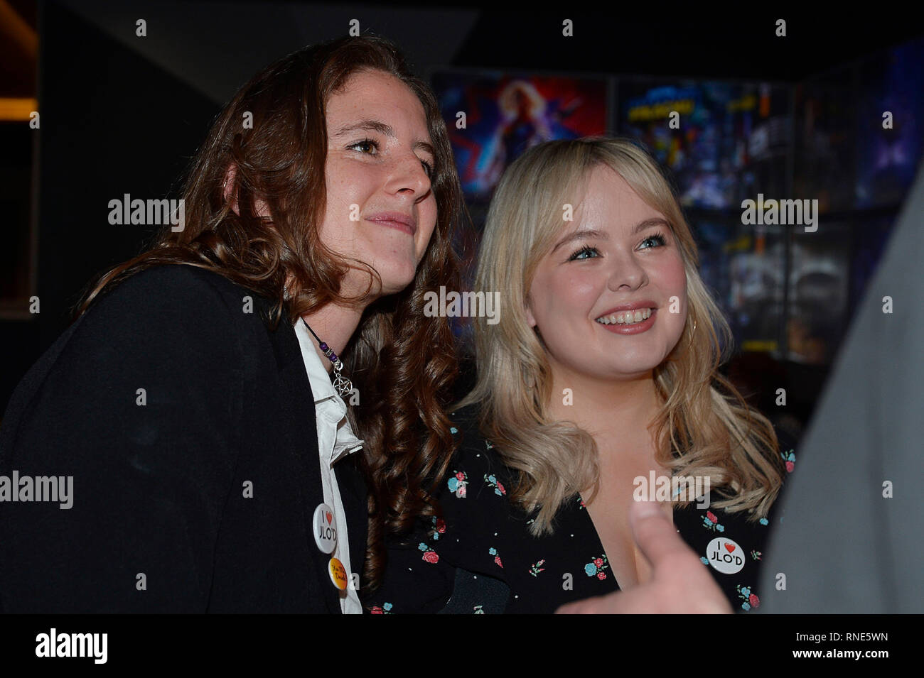 Londonderry, UK. 18th Feb, 2019. Derry Girls Series 2 Premiere, Londonderry, Northern Ireland: 18th February 2019. Actors Louisa Harland and Nicola Coughlan arrive at the Omniplex Cinema, Londonderry for the premiere of Derry Girls Series 2.  ©George Sweeney / Alamy Live News Credit: George Sweeney/Alamy Live News Stock Photo