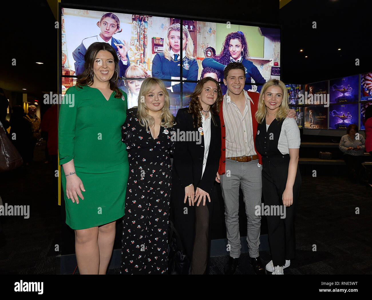 Londonderry, UK. 18th Feb, 2019. Derry Girls Series 2 Premiere, Londonderry, Northern Ireland: 18th February 2019. Writer Lisa McGee, and actors Nicola Coughlan, Louisa Harland, Dylan Llewellyn and Saoirse Jackson at the Omniplex Cinema, Londonderry for the premiere of Derry Girls Series 2.  ©George Sweeney / Alamy Live News Credit: George Sweeney/Alamy Live News Stock Photo