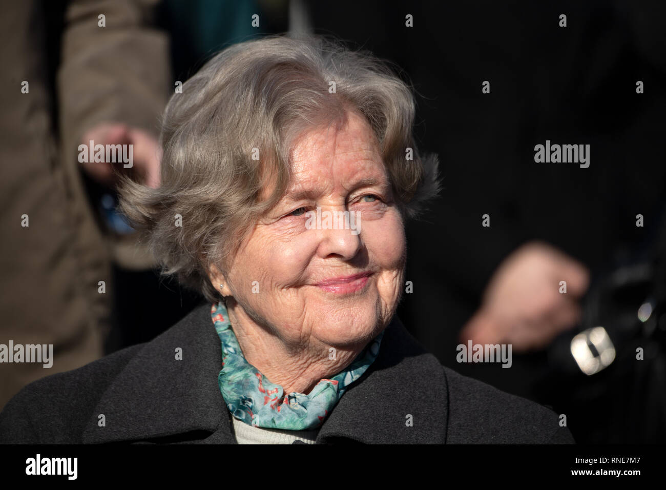 Potsdam, Germany. 18th Feb, 2019. Marianne von Weizsäcker, widow of the German President Richard von Weizsäcker, who died in 2015, during an event marking the start of construction of the church tower. Like the original, which was blown up in 1968 at the behest of the GDR leadership, the church tower is to be bricked up to a height of almost 90 metres with around 2.3 million bricks. Credit: Ralf Hirschberger/dpa/Alamy Live News Stock Photo