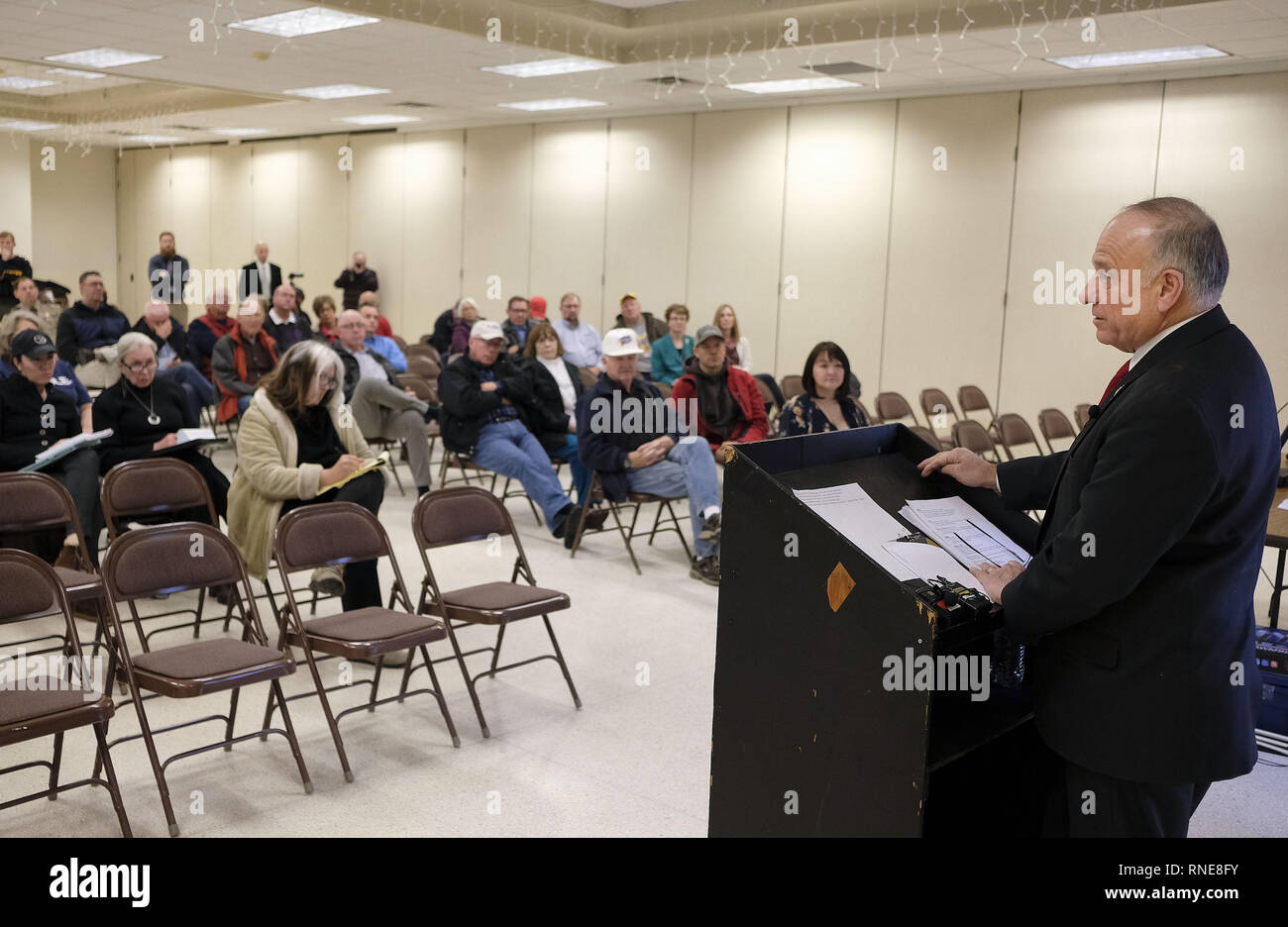 Rock Rapids, IOWA, USA. 18th Feb, 2019. Congressman STEVE KING (R-IA) holds his second town hall meeting with constituents and again defends his statements about western civilization, white nationalism and white supremacy in Rock Rapids, Iowa, Monday, February 18, 2019. Credit: Jerry Mennenga/ZUMA Wire/Alamy Live News Stock Photo