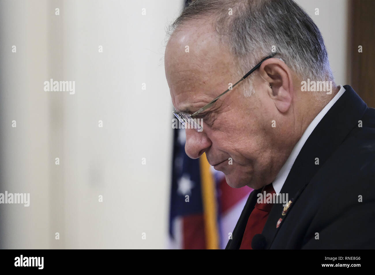 Rock Rapids, IOWA, USA. 18th Feb, 2019. Congressman STEVE KING (R-IA) holds his second town hall meeting with constituents and again lambasts a reporter for the New York Times for misconstruing what his said about western civilization, white nationalism and white supremacy in Rock Rapids, Iowa, Monday, February 18, 2019. Credit: Jerry Mennenga/ZUMA Wire/Alamy Live News Stock Photo