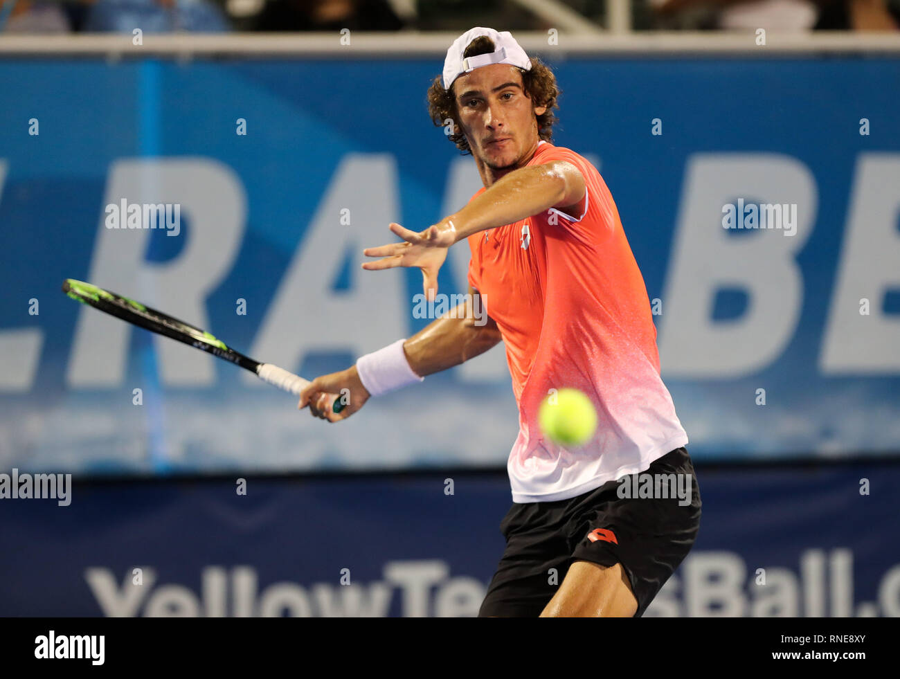 Delray Beach, Florida, USA. 18th Feb, 2019. Lloyd Harris, of South Africa  plays a forehand to Darian King, of Barbados, during the first round at the  2019 Delray Beach Open ATP professional