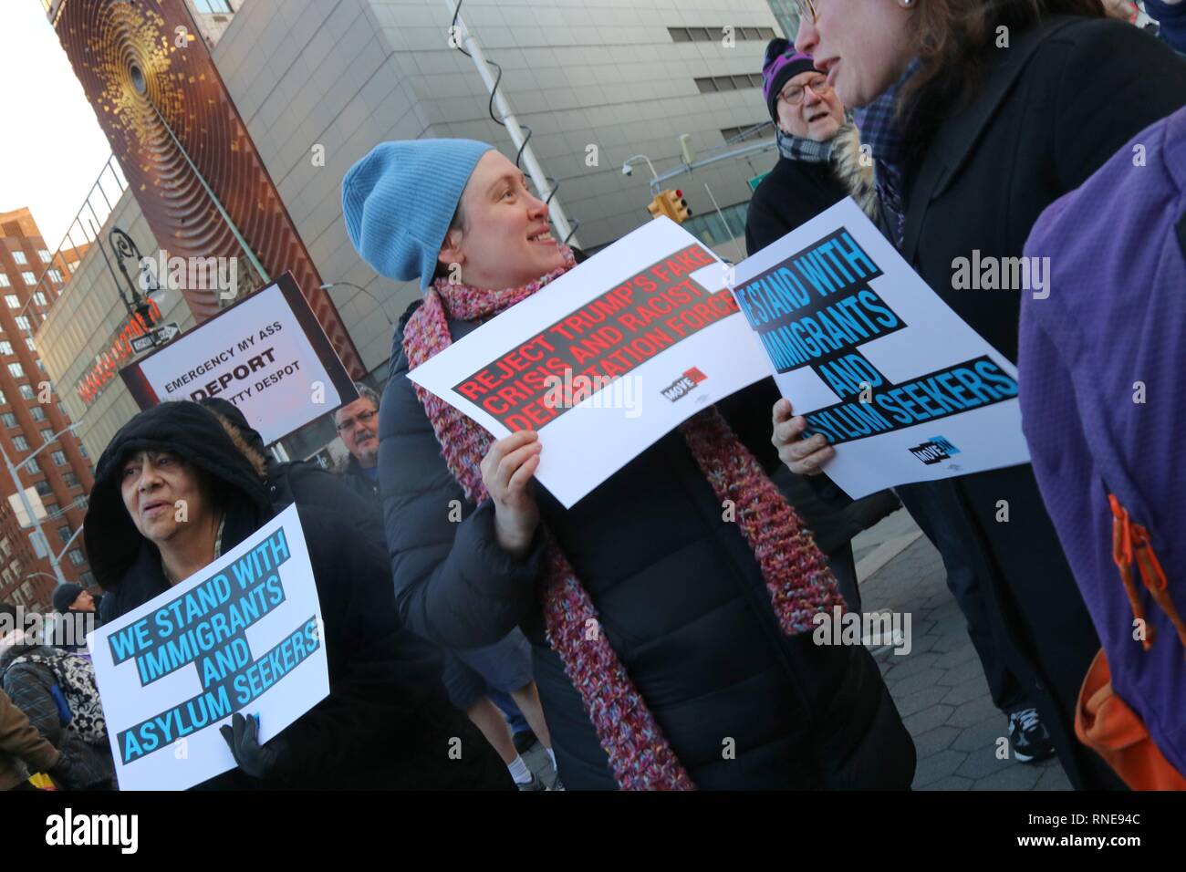 New York, NY, USA.  18th Feb, 2019. Large crowd rallied at Union Square on 18 February, 2019 in response to  Indivisible National call to action for nationwide protests against  U.S. President Donald Trump’s illegitimate use of emergency powers on President’s Day. Several other protests were held in other American cities on this national holiday celebration of past U.S. presidents.  © 2019 G. Ronald Lopez/DigiPixsAgain.us/Alamy Live News Stock Photo