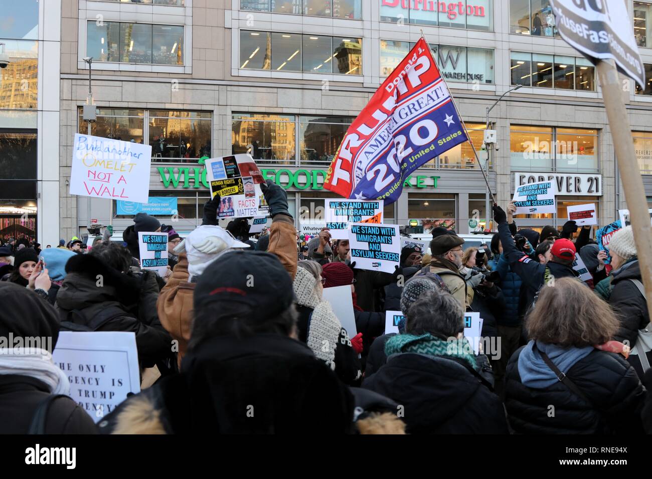 New York, NY, USA.  18th Feb, 2019. Large crowd rallied at Union Square on 18 February, 2019 in response to  Indivisible National call to action for nationwide protests against  U.S. President Donald Trump’s illegitimate use of emergency powers on President’s Day. Several other protests were held in other American cities on this national holiday celebration of past U.S. presidents.  © 2019 G. Ronald Lopez/DigiPixsAgain.us/Alamy Live News Stock Photo