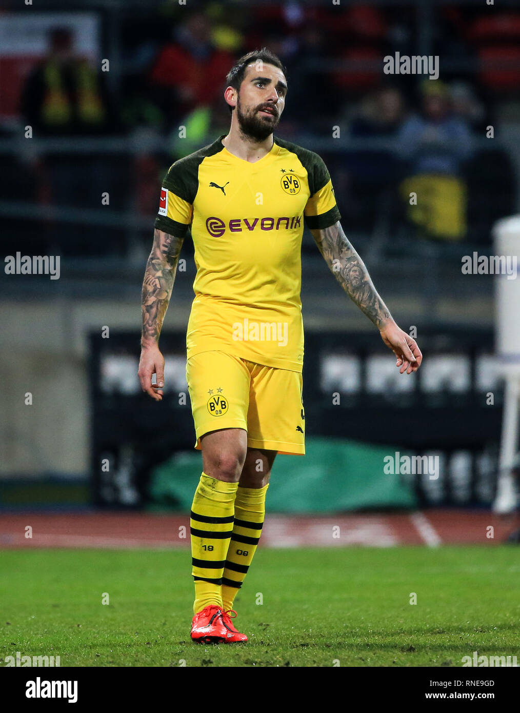 Nuremberg, Germany. 18th Feb, 2019. Dortmund's Paco Alcacer reacts during a German Bundesliga match between 1. FC Nuremberg and Borussia Dortmund in Nuremberg, Germany, Feb. 18, 2019. The match ended 0-0. Credit: Philippe Ruiz/Xinhua/Alamy Live News Stock Photo