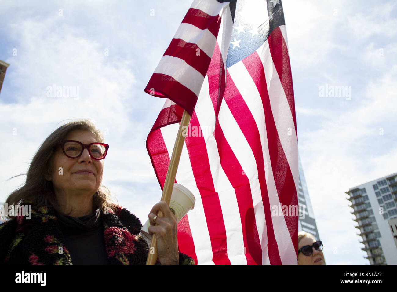 Austin, Texas, USA. 18th Feb, 2019. An unidentified woman holds the American flag during the President Day's protest at Republic Square Park in Austin Texas.The protest is part of the Emergency Action protests across the country denouncing President Trump's policies against immigration and the building of a wall along the Rio Grande. Credit: Jaime Carrero/ZUMA Wire/Alamy Live News Stock Photo