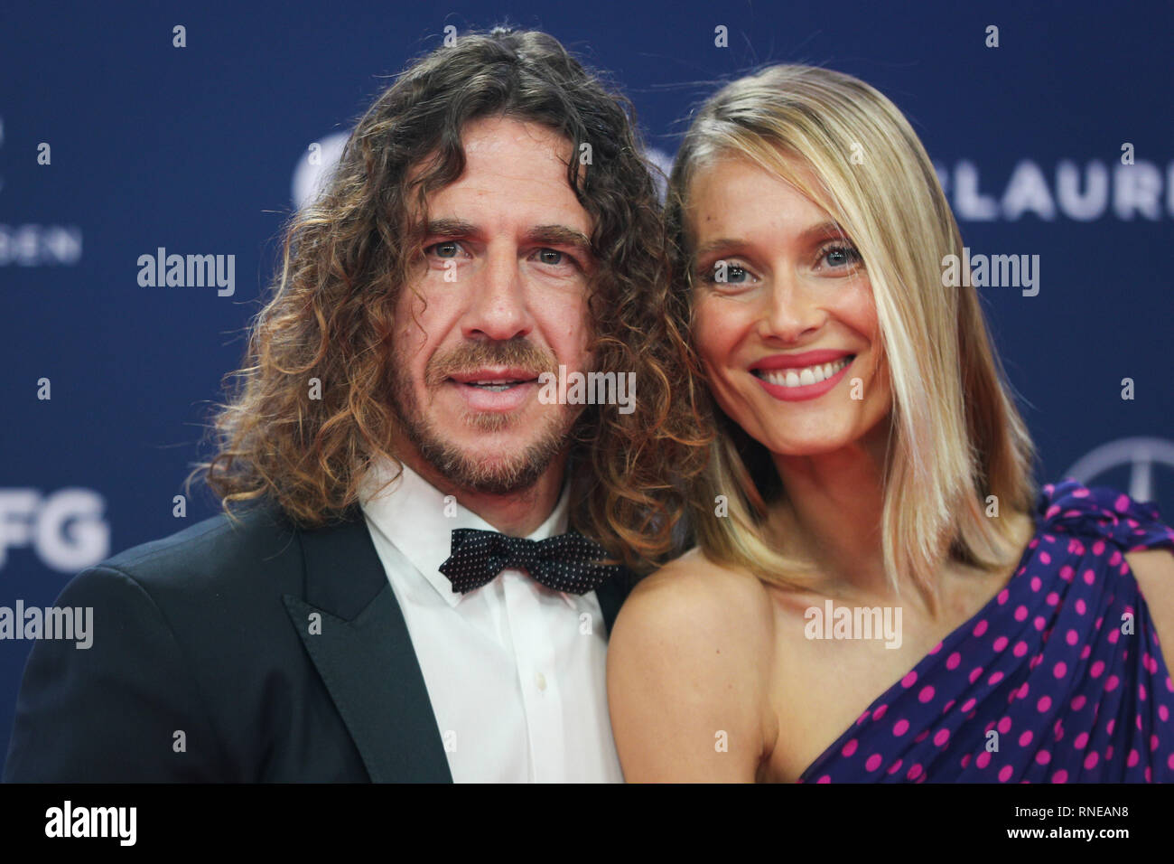 Monaco. 18th Feb, 2019. Spainish football player Carles Puyol and his wife Vanessa Lorenzo pose on the red carpet at the 2019 Laureus World Sports Awards ceremony in Monaco, Feb. 18, 2019. The 2019 Laureus World Sports Awards were unveiled in Monaco on Monday. Credit: Zheng Huansong/Xinhua/Alamy Live News Stock Photo