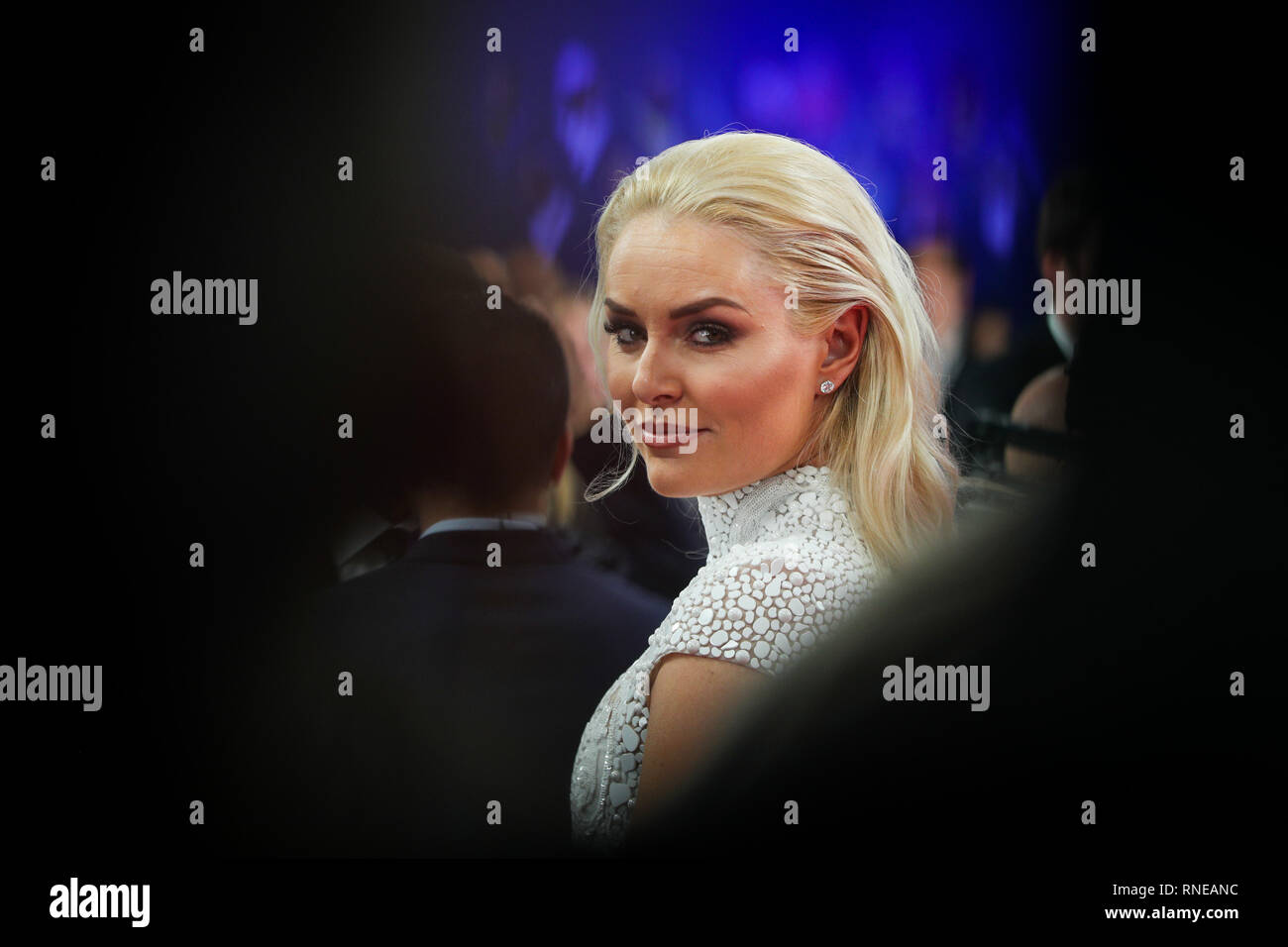 Monaco. 18th Feb, 2019. American former World Cup alpine ski racer Lindsey Vonn poses on the red carpet at the 2019 Laureus World Sports Awards ceremony in Monaco, Feb. 18, 2019. The 2019 Laureus World Sports Awards were unveiled in Monaco on Monday. Credit: Zheng Huansong/Xinhua/Alamy Live News Stock Photo