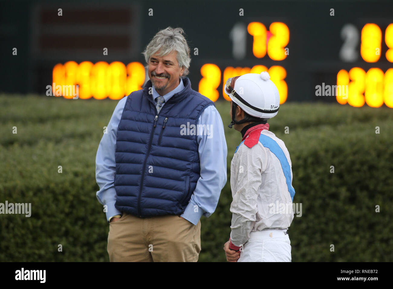 February 18, 2019 - Hot Spring, AR, U.S. - Feburary 18, 2019: Trainer Steve Asmussen talking before the running of the Southwest Stakes at Oaklawn Park in Hot Spring, AR on February 18, 2019. Â©Justin Manning/Eclipse Sportswire/CSM Stock Photo